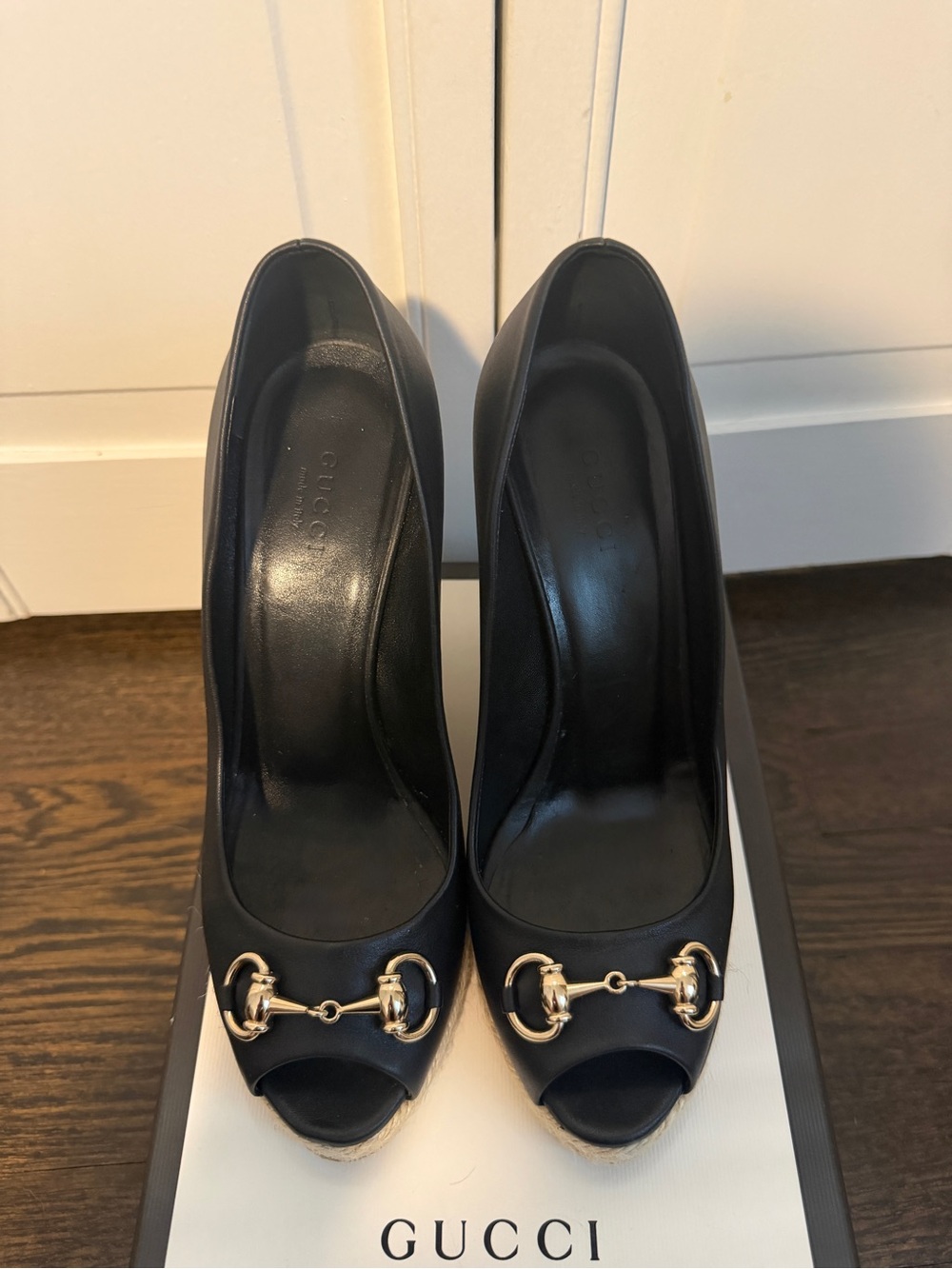 Gucci Black Leather Peep-Toe Wedge with Gold Horsebit. Size 38.5